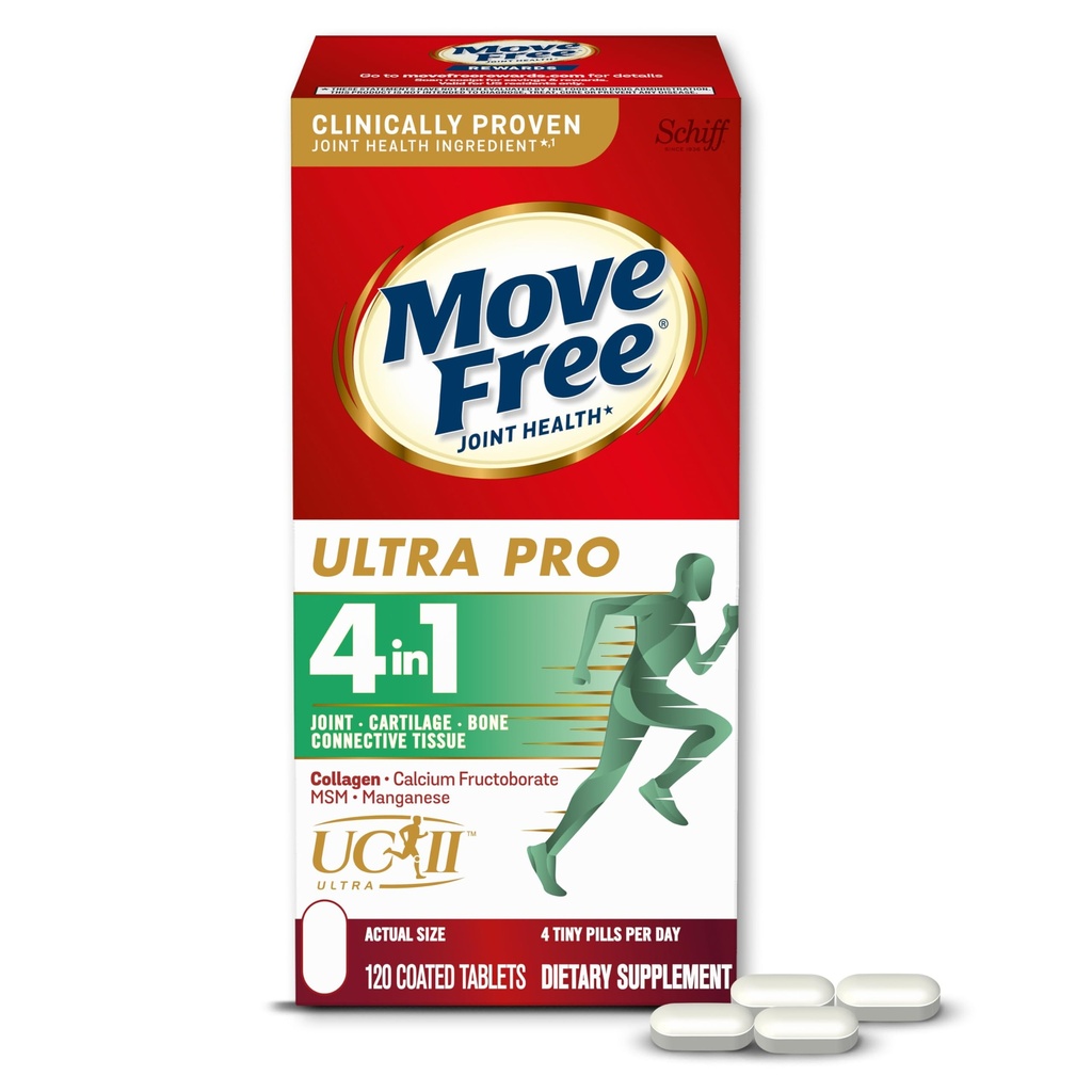 Move Free Ultra Pro mit Quadruple Action Joint Support - Typ 2 Collagen MSM Calcium Fructoborat & Mangan - Unterstützt Joint Cartiliage Bone Connective Tissue, 120 Tabletten (30 Portionen)