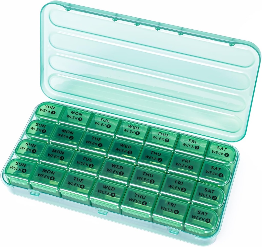 Organisateur mensuel de pilules de 28 jours - Pilule de 4 semaines Boîte 1 fois par jour, Boîte d'organisateur de médicaments de 7 jours, Conteneur de pilules de voyage pour la vitamine, huile de poisson (vert vivant)