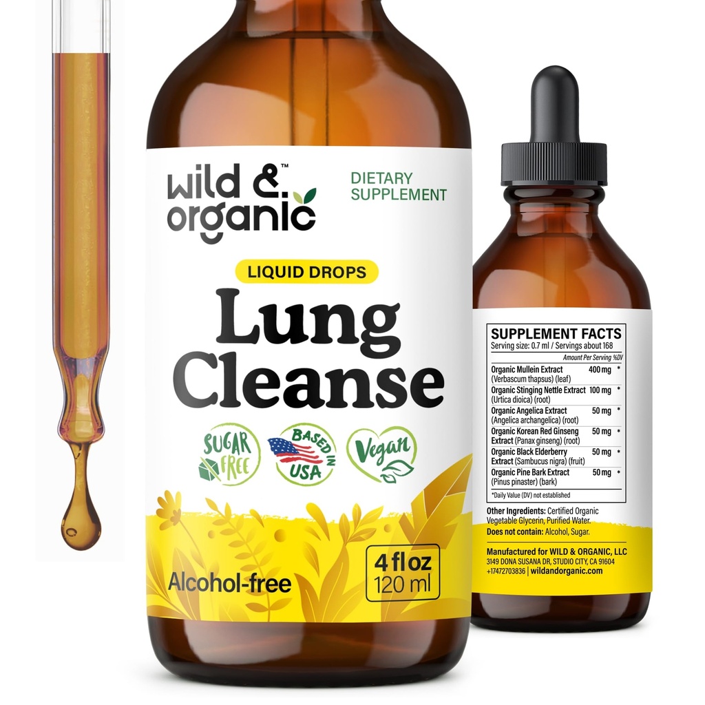Wild & Organic Lung Nettoyant Teinture Detox - gouttes de Mullein pour les poumons - supplément d'extrait de Mullein à base de plantes - gouttes végétaliennes sans alcool - 4 fl oz
