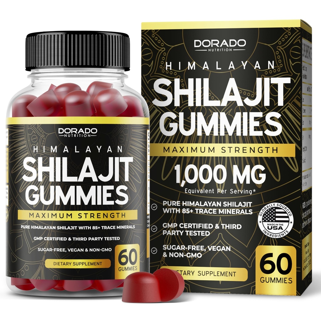 Shilajit Gummies für Männer & Frauen 1000mg (High Potency Gold Grade mit 85+ Trace Minerals mit Fulvic Acid) - Energy & Immunity Support - Third Party Tested, Non GMO, Vegan & Made in USA - (60 Gummies)