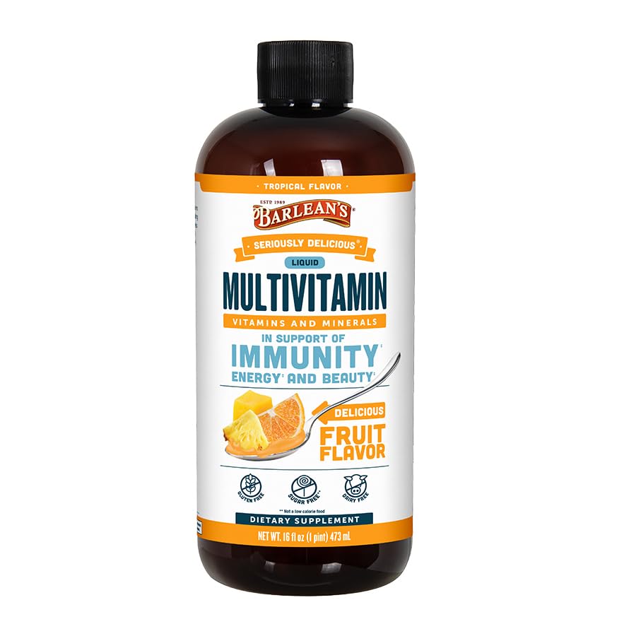 Barlean's Liquid Multivitamin for Women, Men & Kids, 21 Essential Vitamins & Minerals, Includes Biotin, B-Complex, Vitamins C, D3 & K2, Smoothie-Like Daily Supplement, Tropical Flavor, 16 fl oz