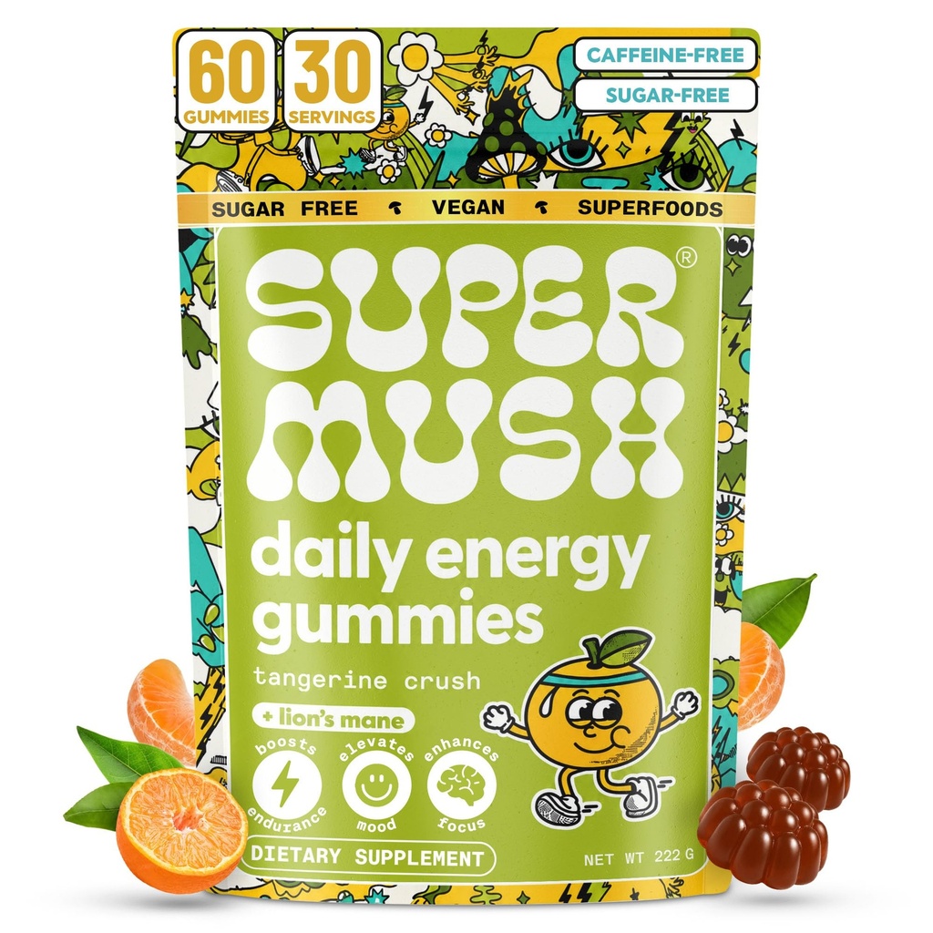 Energy Mushroom Gummies - Bio Lions Mane Supplement mit Cordyceps, Rhodiola, L-Theanine, Maca - Vegan & Sugar-Free - Energie, Fokus, Stamina, Stressreduzierung - 60 Gummis (30 Servierungen)