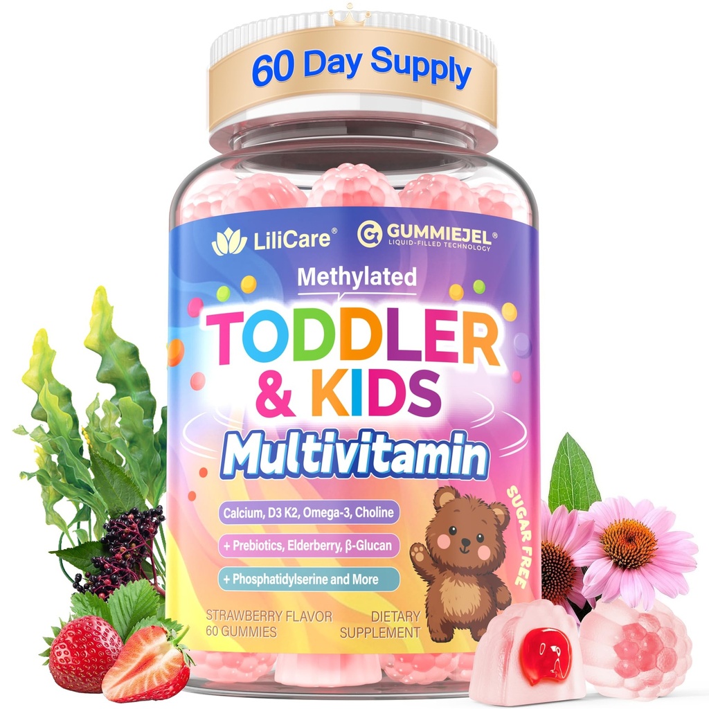 Toddler 2-3 & Kids 4+ Multivitamin Gummies w/ Iron, Omega-3, ARA, Calcium, Prebiotic, Methylated Picky Eater Vitamins for Kids 2+ Growth & Development | Vitamin C, D3 K2, B12, Methylfolate, Sugar Free