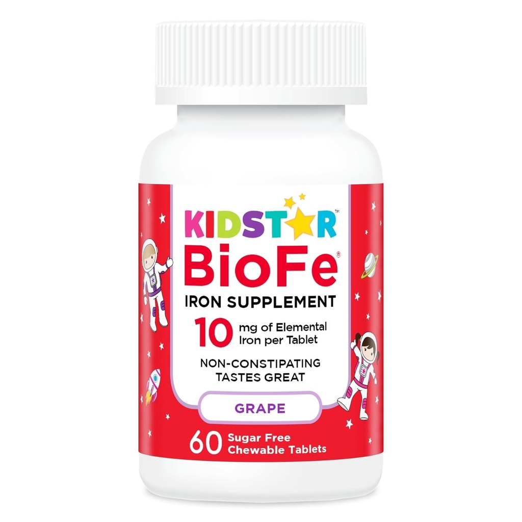 KidStar Nutrients BioFe Pure Iron Chewables, Natural Grape Flavour, 10 Mg Iron Per Tablet, No Sugar 60 Chewable Tablets