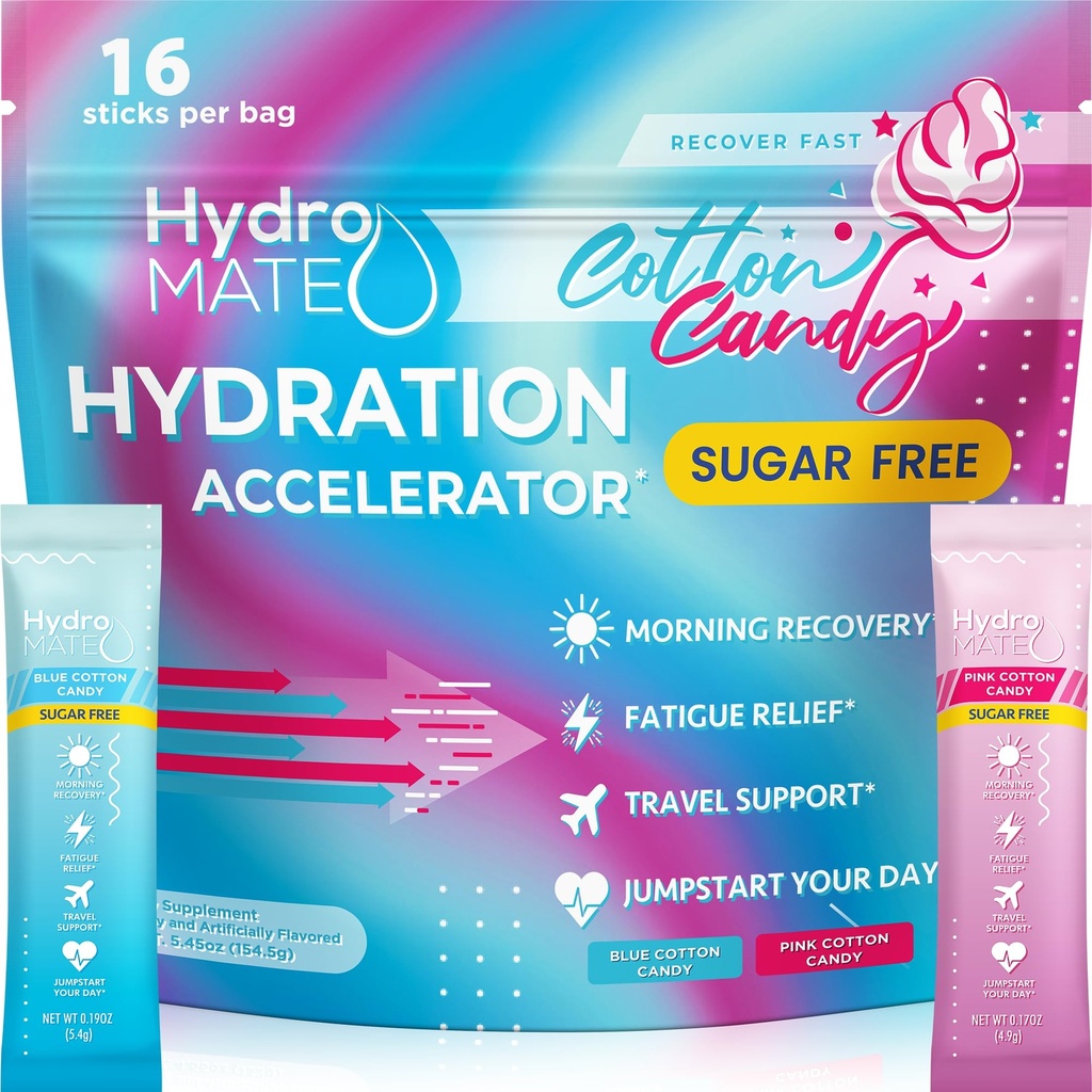 HydroMATE Electrolytes Powder No Sugar Cotton Candy - 16 Sticks Instant Hydration Packets with Vitamin C to Boost Energy - Sugar Free Electrolytes to Support Hydration on Keto Diet & Party Recovery