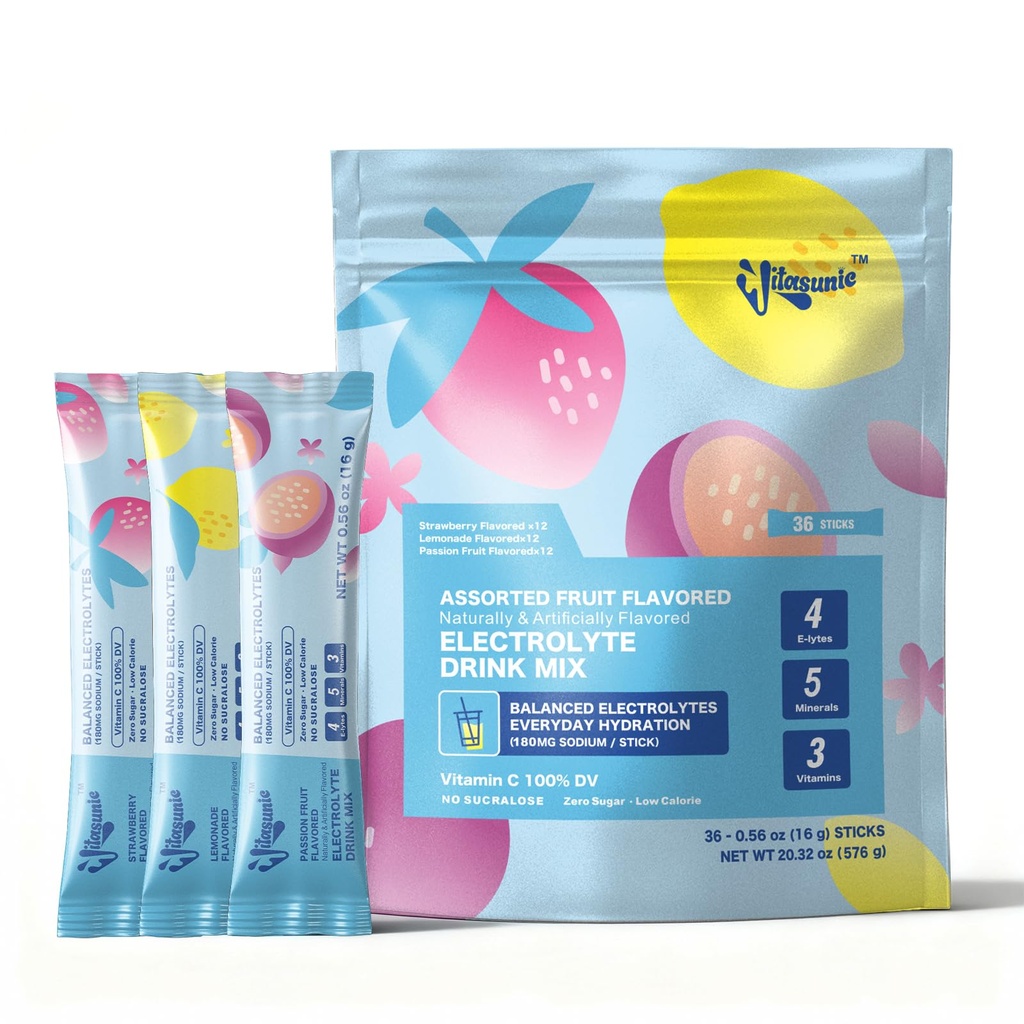 36 Hydration Packets, Sugar Free-Variety Pack-Electrolyte Powder Hydration Drink Mix with 100% DV Vitamin C, Low Calorie, Vegan - Strawberry, Lemonade, Passion Fruit