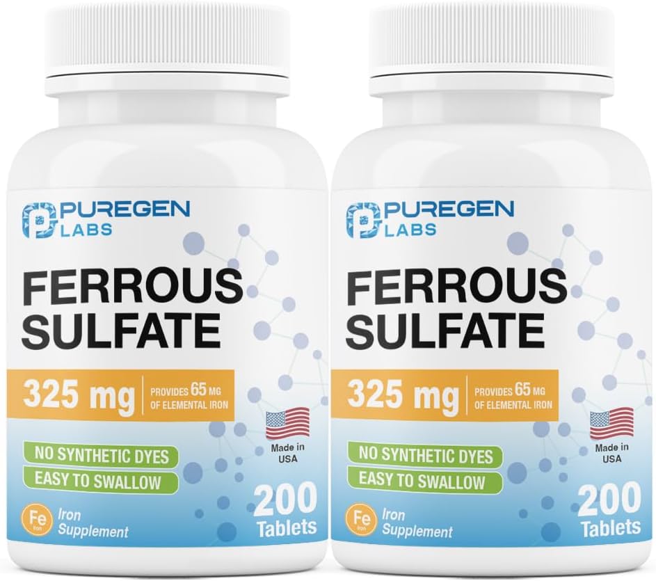 Puregen Labs Ferrous Sulfate 325 mg (65 mg di ferro elementare) Supplemento di ferro ad alta potenza | Nessun additivi di colore artificiale - Totale 400 compresse Made in USA