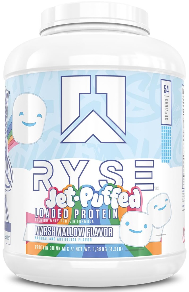 Ryse Loaded Protein Powder - Jet-Puffed Marshmallow - 25g Whey Protein Isolate & Concentrate with Prebiotic Fiber & MCTs - Low Carb, Low Sugar, Digestive-Friendly - 54 Servings / 4 lb Tub