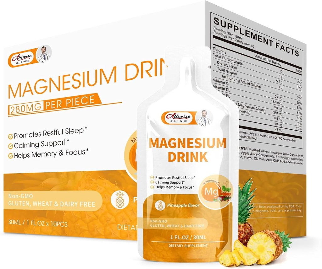 Magnesio Citrato Liquido Magnesio Bere Soluzione orale con vitamina, Zinc & Sodium Bromelain, Sostegno di Magnesio Essenziale Sostegno di Magnesio Immune, Salute e Zzz, Sapore di ananas, 10 Fl Oz