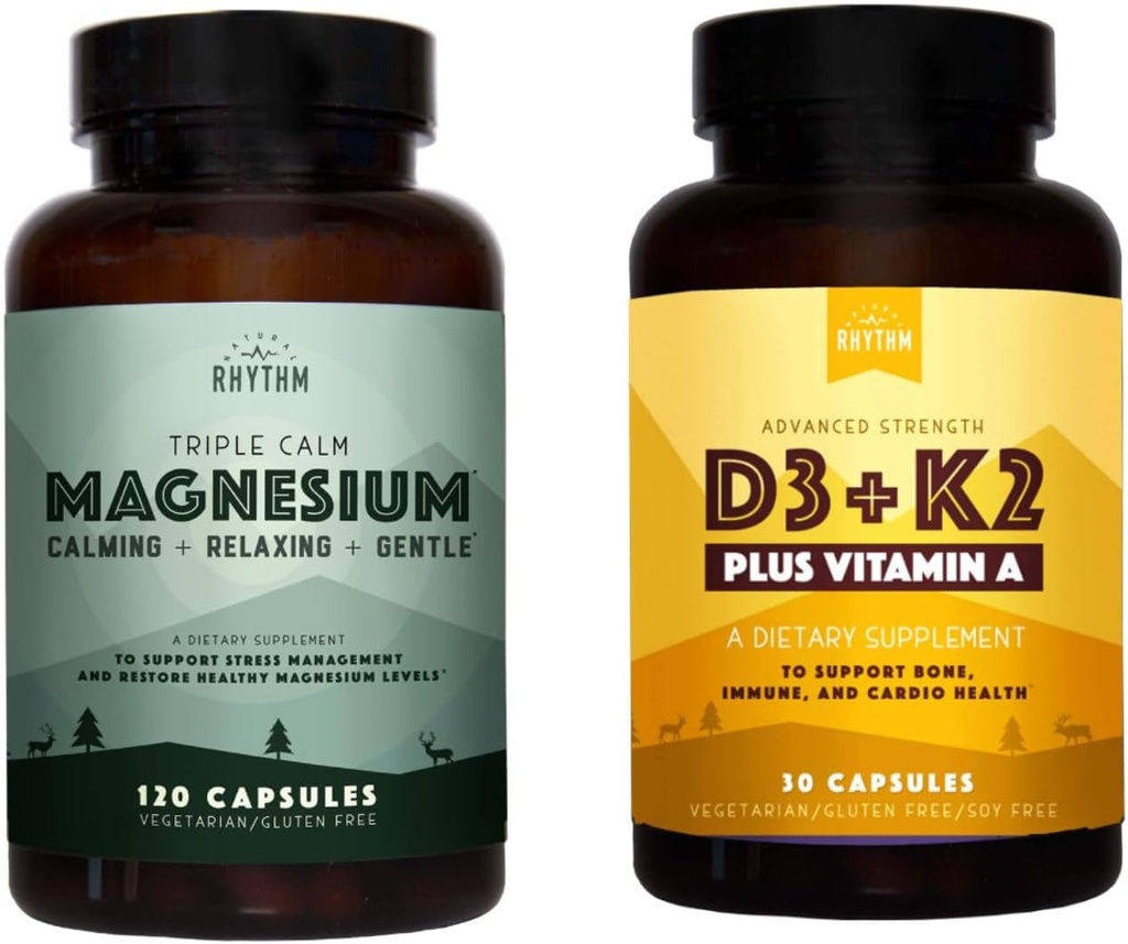Rhythme naturel Triple Calme Magnésium 150 mg - 120 Capsules – Supplément composé complexe de magnésium W/Rhythme naturel Vitamine D3 + K2 (MK7) Plus Vitamine A, pour la santé des os, du coeur et des immunes, 30 Capsules