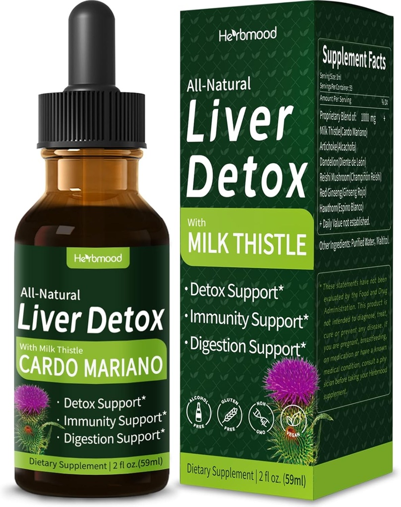 Gocce del fegato del cardo, Cardo Mariano (con Silimarina) y Diente de León para el Hígado Graso, Integratore di supporto del fegato w/Artichoke & Dandelion Extract for Liver Cleanse & Repair. 2oz