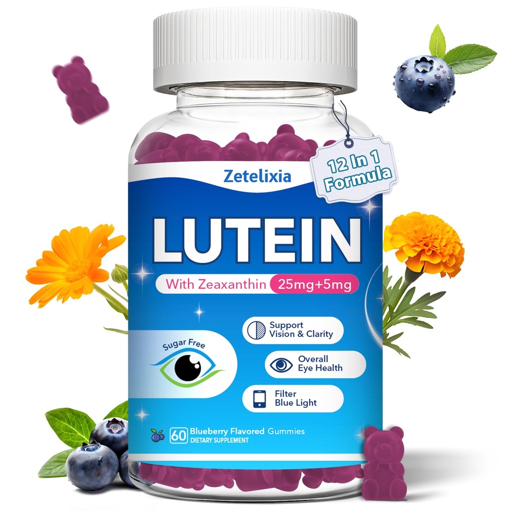 Lutein Gummies, 12 in 1 Lutein und Zeaxanthin ergänzt Augen-Vitamine-Gummi für Erwachsene, Augengesundheits-Ergänzung mit multiplem Vitamin zur Förderung von Augen & Vision - 60 Gummis