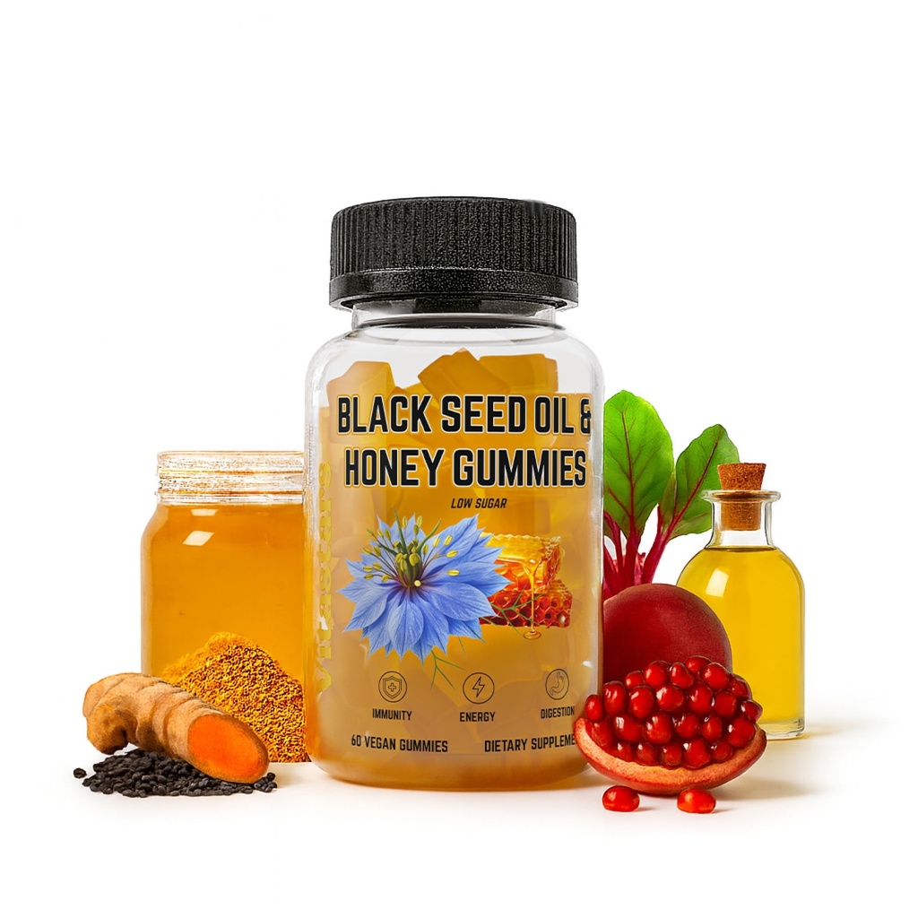 Black Seed Oil & Honey Gummies - with Black Cumin Seed Oil, Vitamin C, Turmeric & Biotin - Immune Support Supplement for Joint, Gut & Skin Health, 60 Gummies