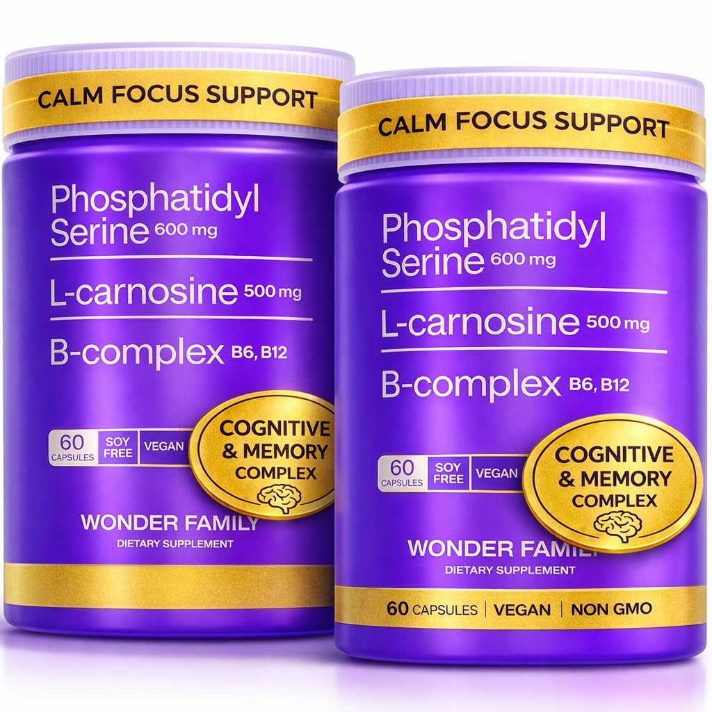 Phosphatidylserine 600 mg Brain Supplement for Memory and Focus – Calm Focus & Advanced Brain Support with L-Carnosine 500 mg + B6 B12 Folate – Sunflower Soy Free – 120 Capsules 2 Pack