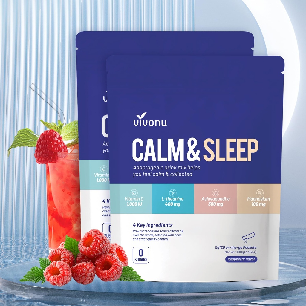 VivoNu Calm & Sleep Powdered Drink Mix Raspberry L Theanine Ksm-66 Ashwagandha Magnesium Glycinate Vitamin D 3 Integratori per Rilassamento & Focus No Sugar Non OGM