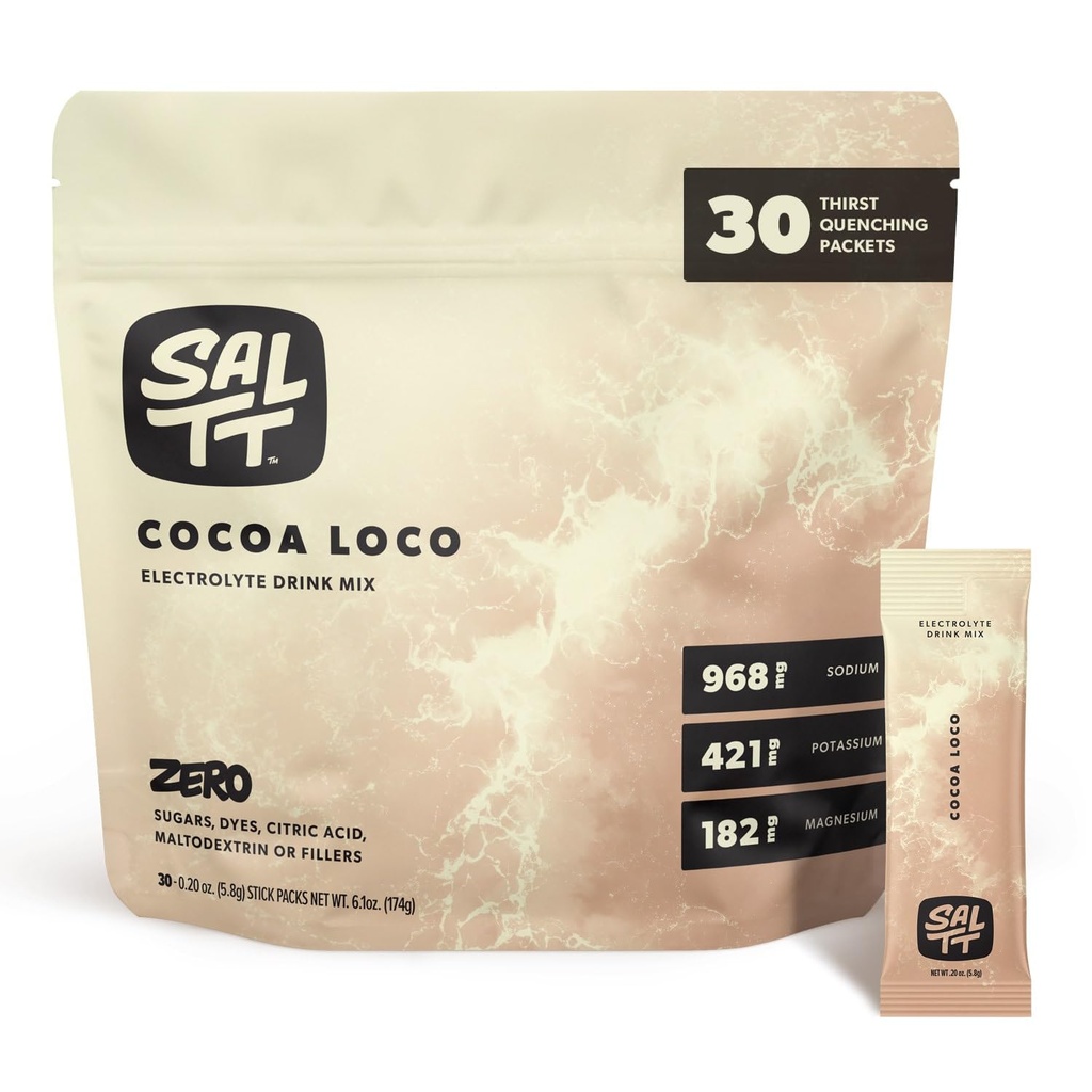SALTT Electrolytes en poudre Mélange de boissons aromatisées - cacao Loco - 30 emballages d'hydratation - magnésium, potassium, sodium, minéraux traces - Zéro sucre et sans gluten - Essentiels de voyage