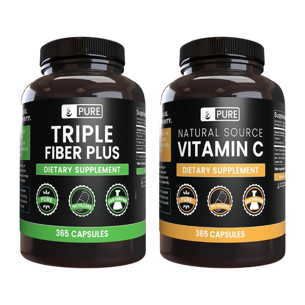 Pure Original Ingredients Triple Fiber and Vitamin C Bundle, 365 Capsules Each, Always Pure, Lab Verified