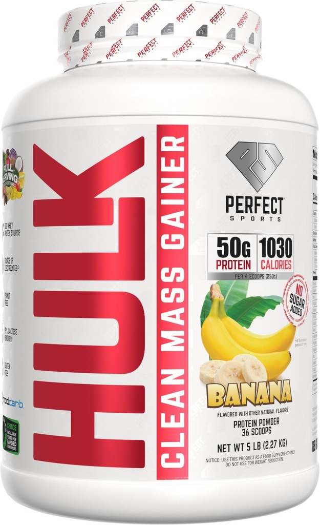 PERFECT SPORTS Hulk Clean Mass Gainer | 50g Whey Protein | Full Serving of Fruits & Veggies | 99% Removed Lactose & Gluten Free | 5 Pounds (Banana)