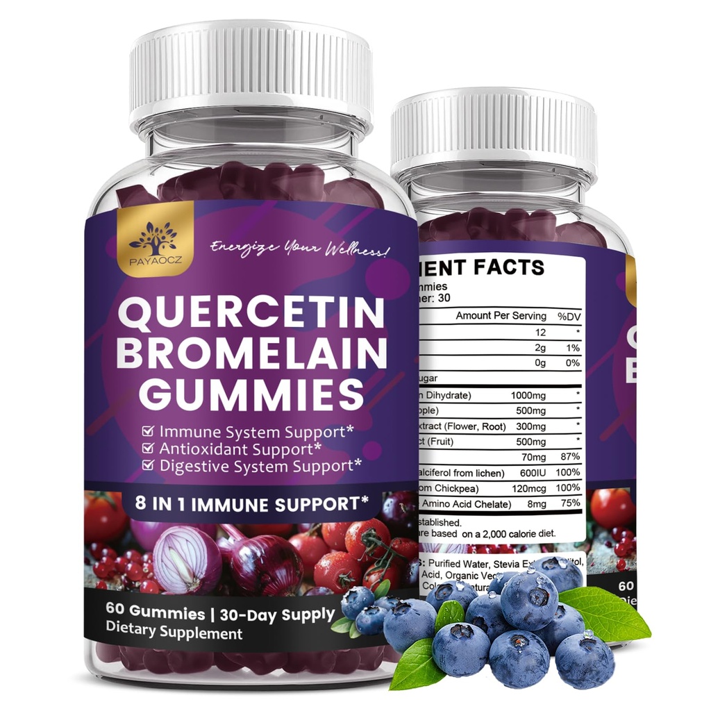 (2 Confezione) Gummie di Quercetina con Bromelain Zinc Elderberry Vitamin C D3 K2, Quercetin 1000mg Supplemento con Bromelain 500mg per Cardiovascolare, Immune System & Allergy, Vegan Gummy per Adulti & Kid