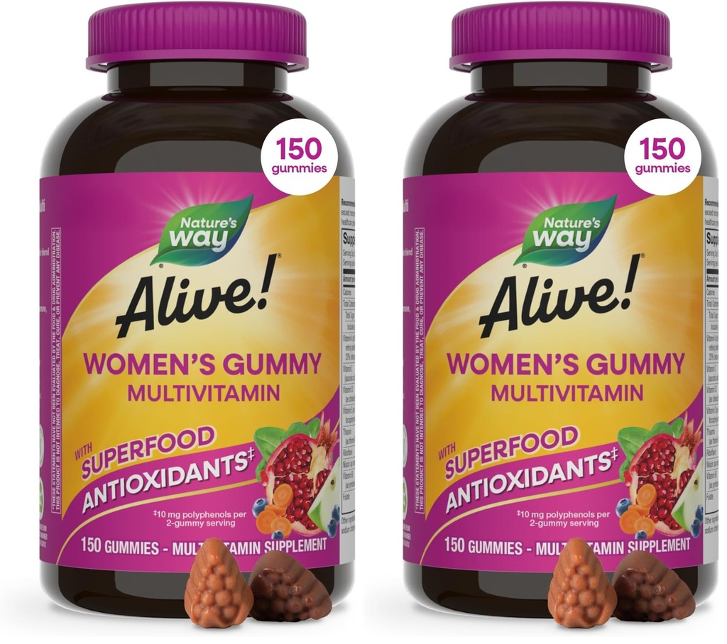 Nature's Way Alive! Women's Daily Gummy Multivitamins,16 Vitamins & Minerals,Energy Metabolism*,Hair Skin & Nails*,Vegetarian,Mixed Berry Flavored,150 Gummies (Packaging May Vary),(Pack of 2)