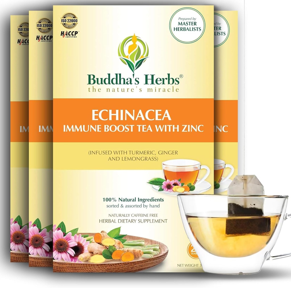 Thé d'échinacée de qualité supérieure au zinc (paquet de 4, 88 sachets de thé) - Thé sain décaféiné pour la santé immunitaire - Sacs de thé à base de plantes biologiques avec/ingrédients naturels - Cadeaux de thé idéal pour les amateurs de thé