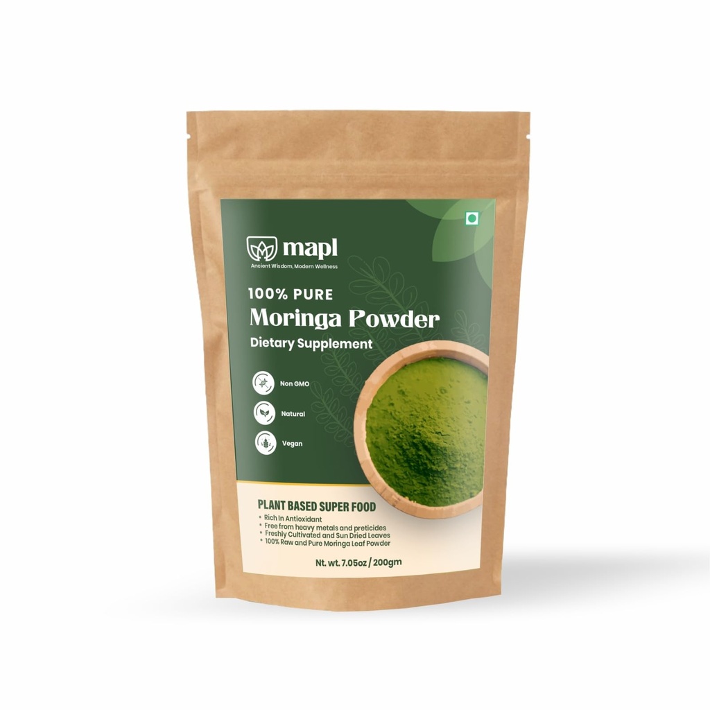 MAPL Moringa Powder (Moringa Oleifera) | Organic Powdered Moringa Leaves | 100% Natural Plant-Based Drumstick Tree Leaf Powder | Raw & Nutrient-Dense | 200 g (7.055 oz)