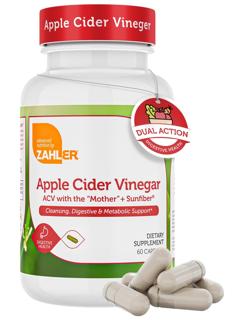 Zahler Apple Cider Vinegar Capsules with Fiber Supplement - Cleansing, Digestive and Metabolic Support - Healthy Diet and Appetite - Kosher Apple Cider Vinegar Pills - Non GMO ACV Capsules - 60 Count
