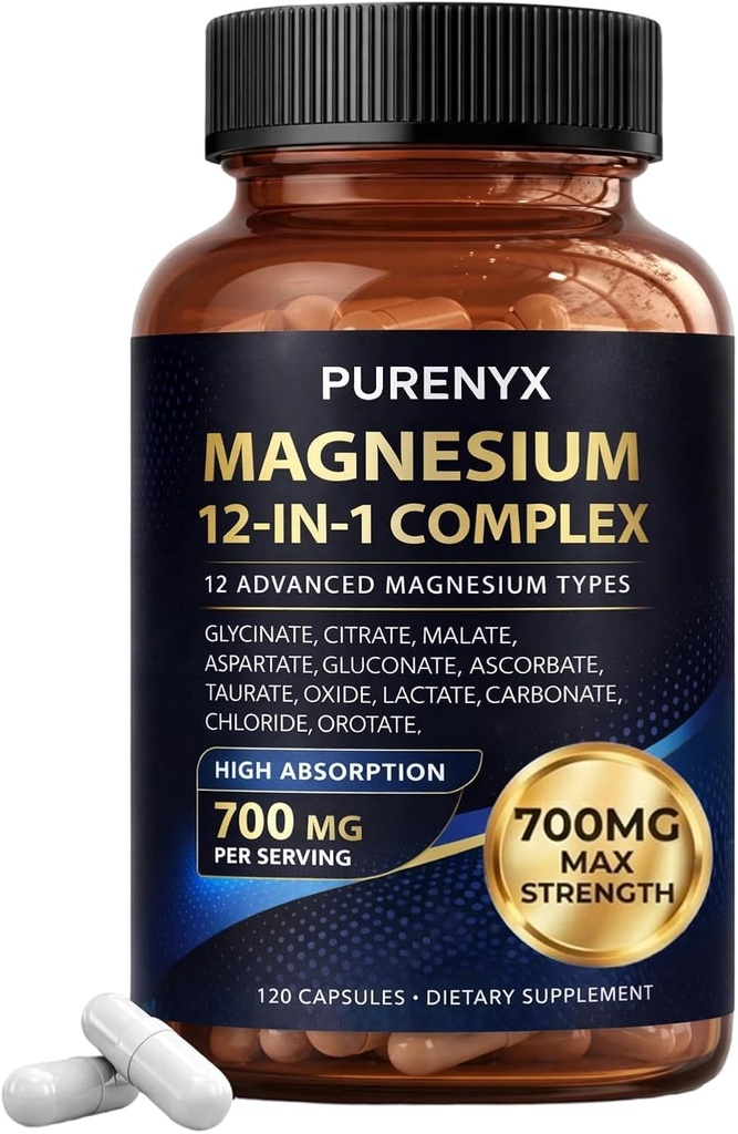 12-in-1 Magnesium Complex Capsules, 12 Types of Magnesium for High Absorption 700mg, 120 Capsules Per Serving, Dietary Supplement