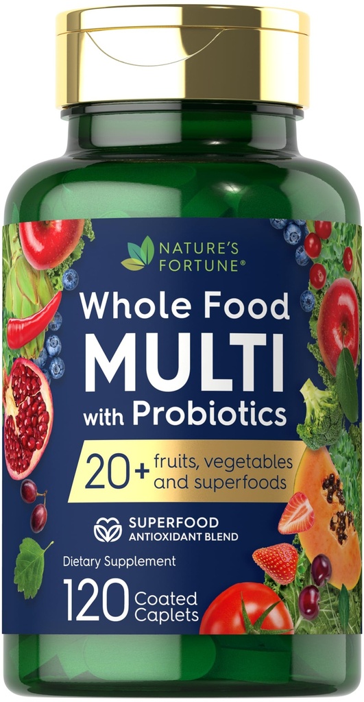 Fortune Whole Food Multivitamin con Probiotici | 120 Capelli Rivestiti | Realizzati con 20 Frutta e Verdura | Non OGM & Gluten Integratore Libero