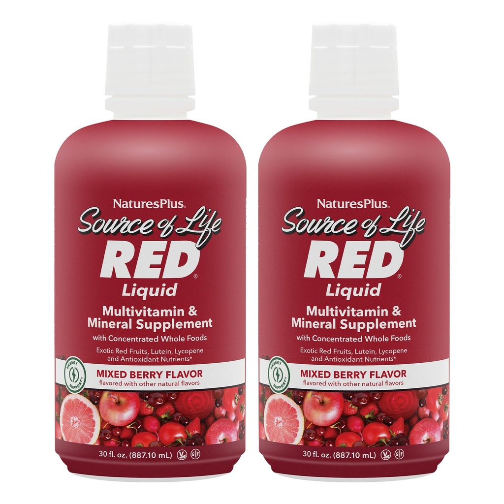 NaturesPlus Fonte di Vita RED Multivitamin Liquid - 30 oz, Confezione da 2 - Energy & Immune Support - con Frutti Esotici Rossi, Licopene & Lutein - Vegetariano & Gluten Free - 60 Total Servings