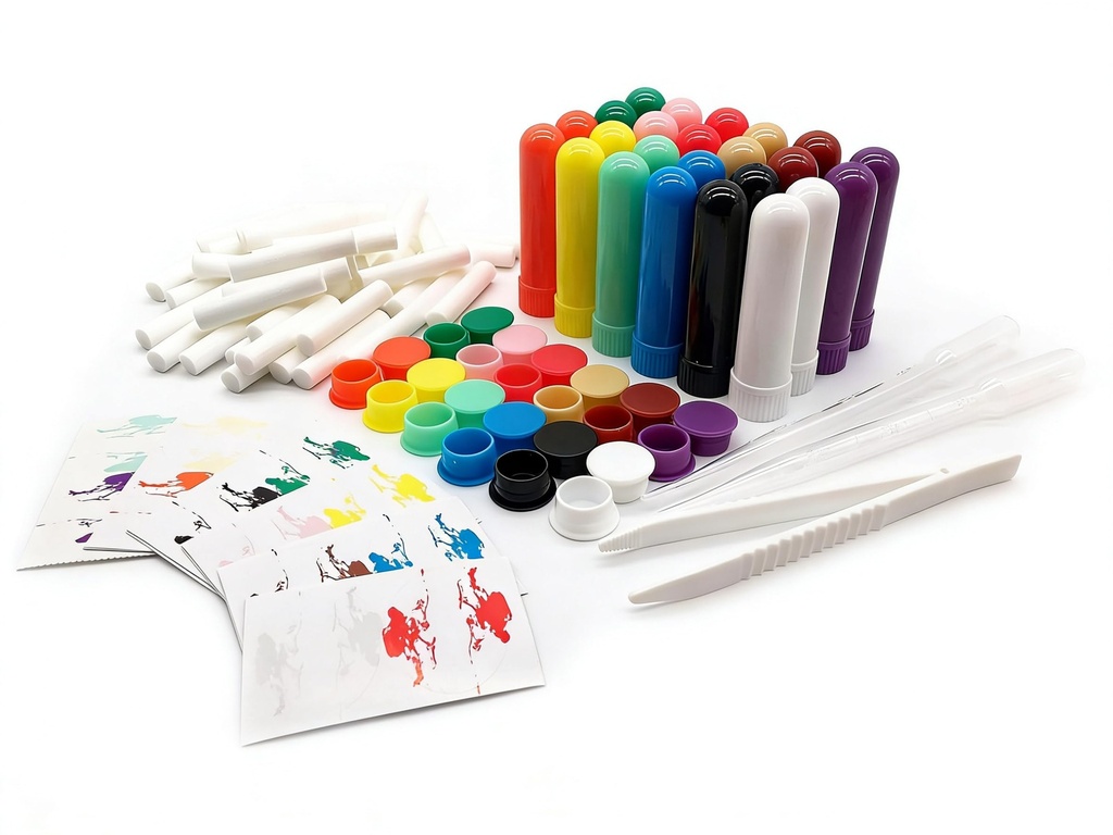 Nasal Inhaler Tubes - Kit Contains: 24 Empty Nasal Inhaler Tubes (with Wicks) 12 Extra Wicks,36 Writable Stickers, 2 Mini Droppers and 1 Tweezers