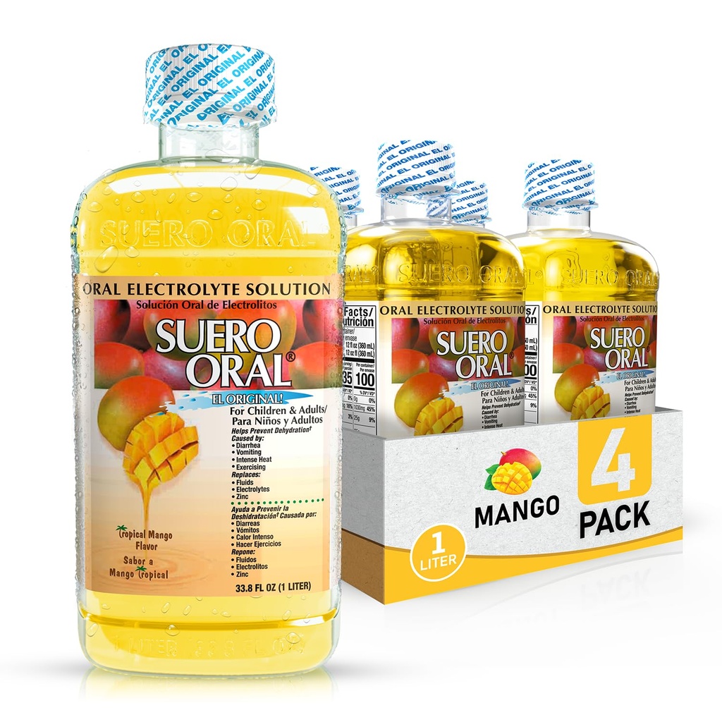 Electrolyte Solution - Electrolytes Drink, Hydration Booster & Rehydration Drink for Kids & Adults, Hydrates, Replenishes, Energizes, Mango Flavor, 1 Liter (4 Pack)