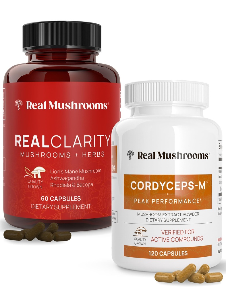Véritables champignons RealClarity (60ct) et Cordyceps (120ct) Capsules Bundle - Supplément de champignons pour la clarté mentale, focus, énergie et vitalité - végétalien, non-OGM, niveaux vérifiés de bêta-glucanes