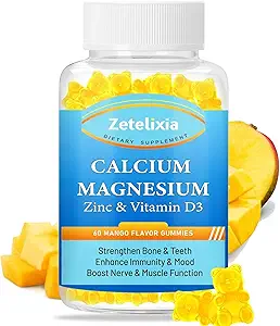 Calcium-Magnesium-Zink-Gummien für Erwachsene & Kinder,Sugar freie Calcium-Zitrat-Ergänzung, hohe Absorption Magnesium-Glycinat-Gummien mit Vitamin D3 & K2 - Knochen & Muskel & Immune Gesundheit(60 Zähler)
