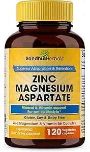 SANDHUHERBALS Supplément d'aspartate de magnésium de zinc 120 Capsules avec vitamine B6 et Zinc