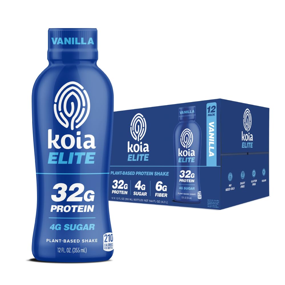 Koia Elite Plant Based Protein Shake, Vanilla, 32g Protein, 4g Sugar, 6g Prebiotic Fiber, Pre & Post Workout Nutritional Drink, No Seed Oils, Dairy-Free, Gluten-Free, Non-GMO, 12 Fl Oz (Pack of 12)