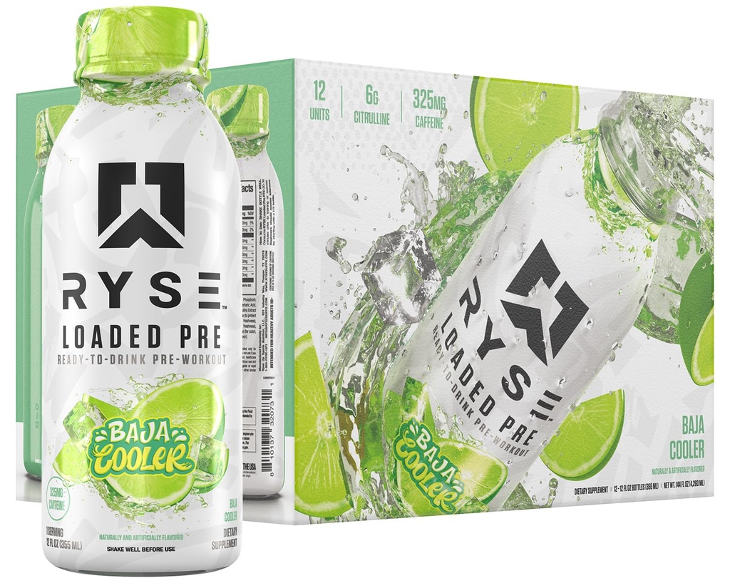 RYSE Loaded Pre Workout Drink - Baja Cooler - Sugar-Free, Ready to Drink Energy Supplement with 325mg Caffeine, Citrulline & Beta Alanine for Focus & Pump - 12 fl oz Bottles (Pack of 12)
