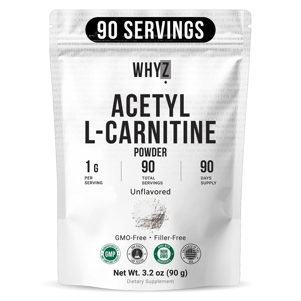 Pure Acetyl L-Carnitine Powder (ALCAR) Unflavored Acetyl-L-Carnitine HCl Supplement Powder with Smooth Texture for Easy Mixing Non-GMO, 3.2 oz (90g)