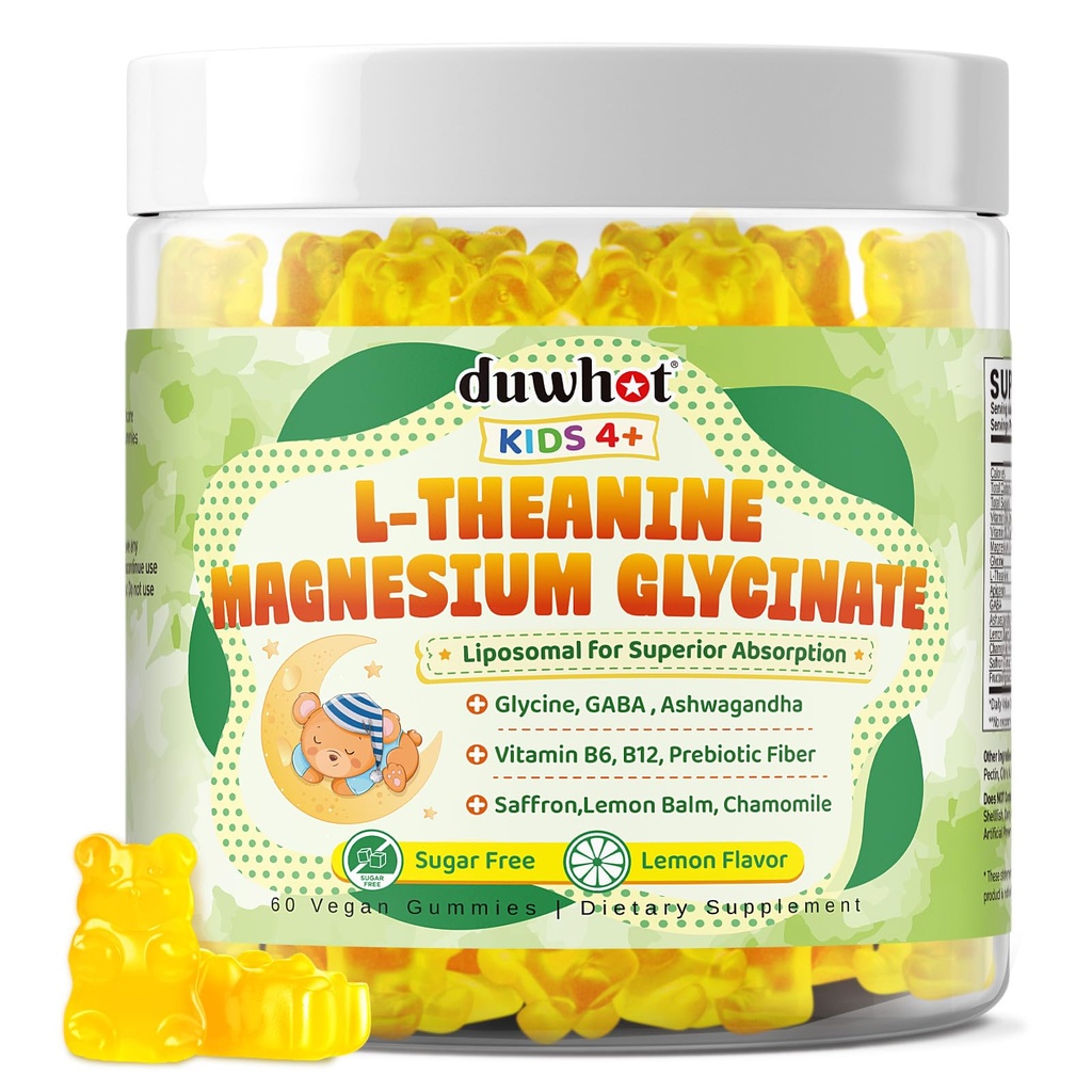 duwhot Kids L Theanine Magnesium Glycinate Gummies Sugar Free, L-theanine Magnesium Glycinate Supplement w/Gaba,Ashwagandha,Glycine, Apigenin for Sleep,Relaxation,Brain Focus,Organic,Vegan,60Chewables
