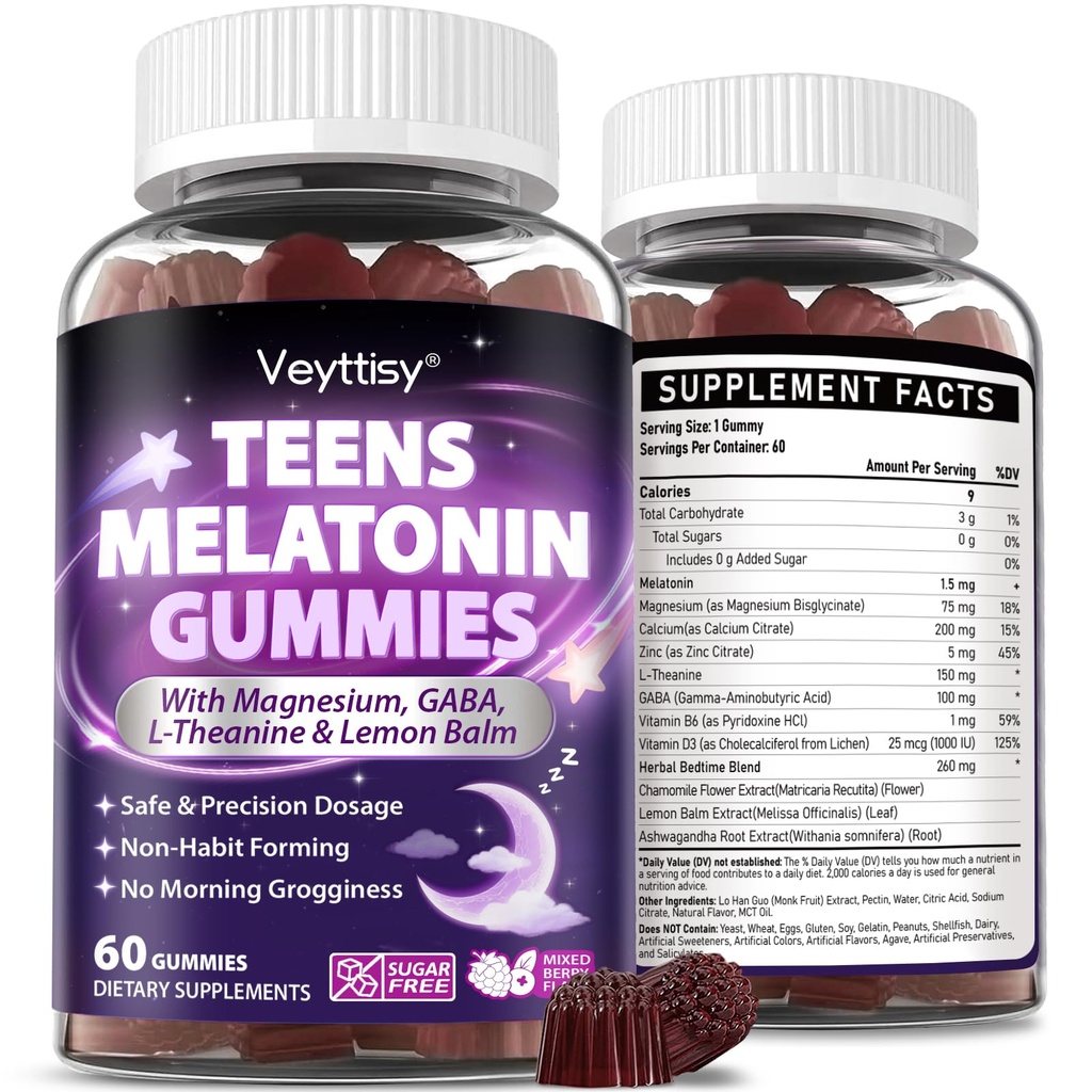 Teens Melatonin Gummies Supplement - 1.5mg Precise Dose with Magnesium, GABA, L-Theanine & Lemon Balm - Natural Zzz Support for Late-Night Study & Big Test Nights - Non-Habit Forming, Sugar-Free
