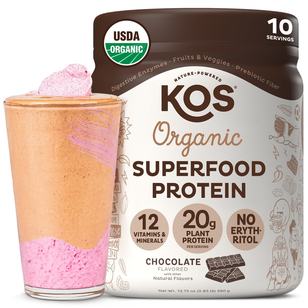 KOS Vegan Protein Powder, Chocolate USDA Organic - Low Carb Pea Protein Blend, Plant Based Superfood mit Vitaminen & Minerals - Keto, Soy, Gluten Free - Meal Replacement for Women & Men - 10 Servings