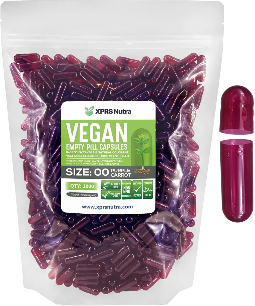 XPRS Nutra Size 00 Empty Capsules - 1000 Count Empty Vegan Capsule - Pillole Vuoto Vegetariano - DIY Capsule Verdura Filling- Veggie Pill Caps (Purple Carrot)
