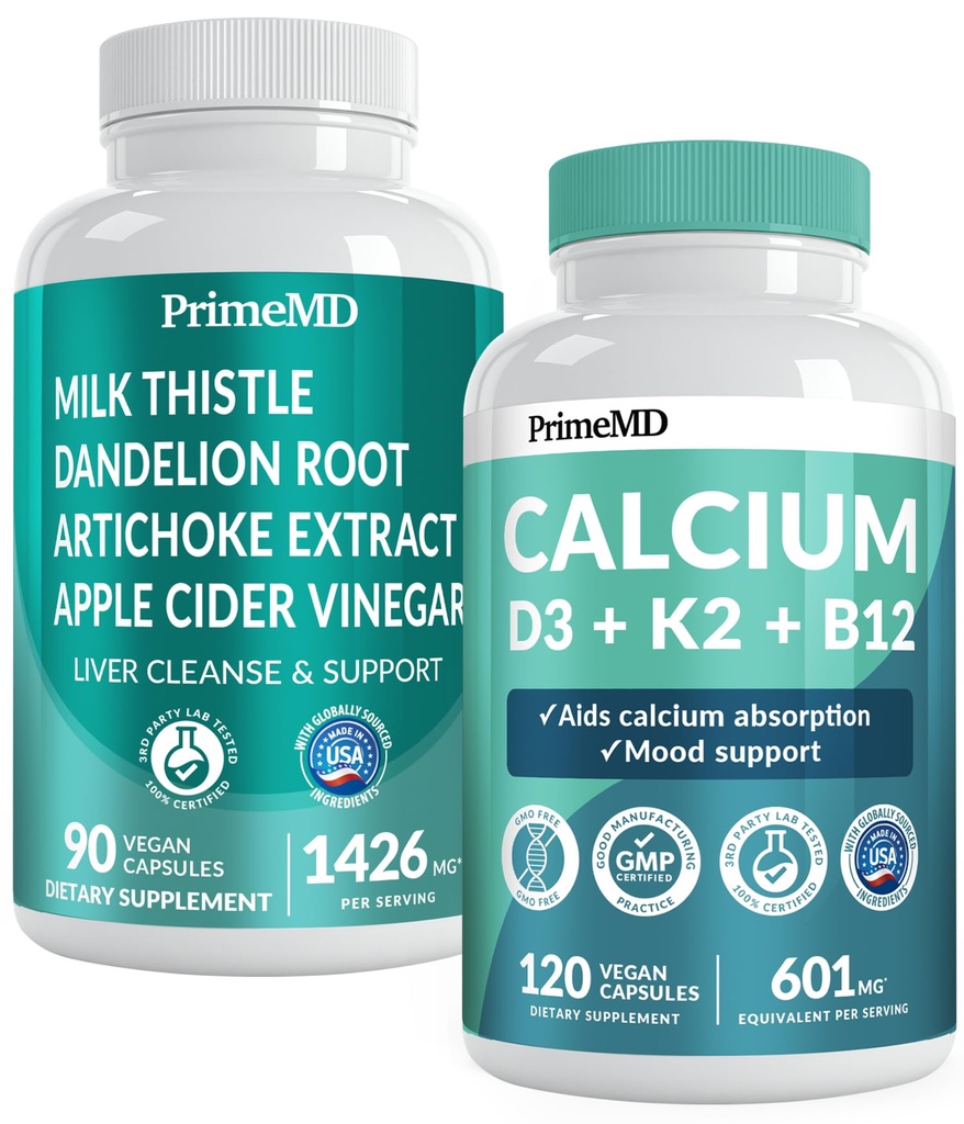 Calcium D3 K2 B12 (1pk) und Liver Support (1pk) Supplement Bundle - Potente Vitamine für Knochen, Herz, Leberfunktion und Immununterstützung - Non-GMO, Vegan, Glutenfrei