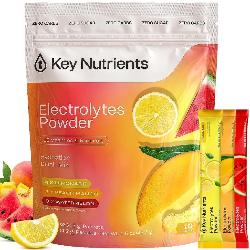 KEY NUTRIENTS Selenium Electrolytes Powder Packets – Variety Pack – Sugar Free Hydration Drink Mix – Hydration Packets – Improved Refreshing Taste Lemonade, Peach Mango & Watermelon – 10 Pack