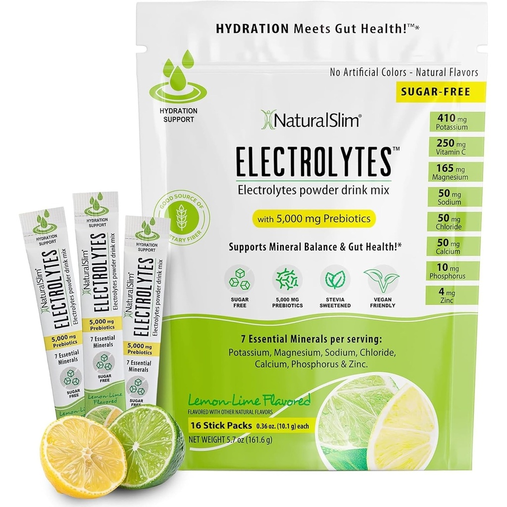 NaturalSlim Hydration & Energy Drink Mix with Prebiotics, Gut Health Support, Sugar-Free Electrolytes Powder Packets, 16 Stick Packs – Lemon Lime