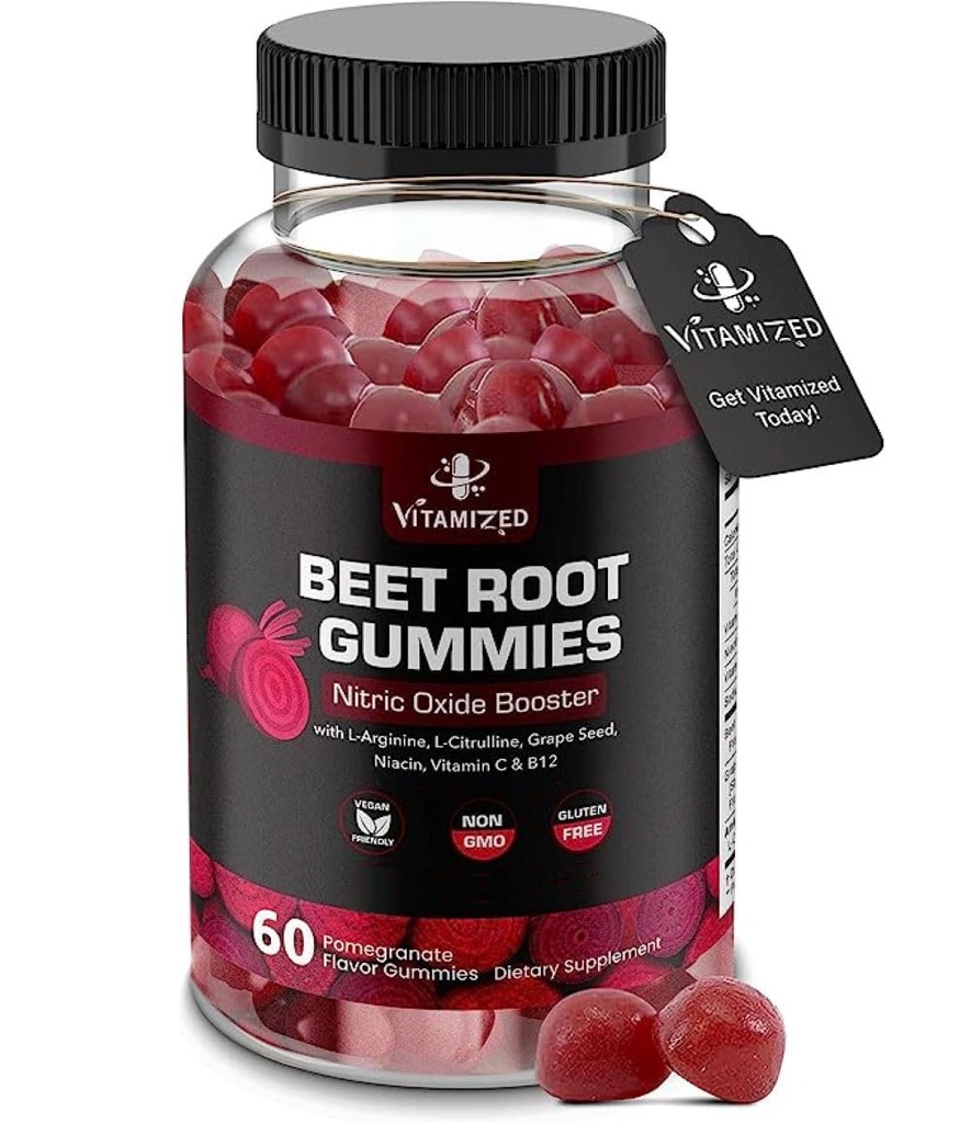 Beet Root Gummies - Super Nitric Oxid Beets Supplement - Red Beetroot Heart Chews mit Grape Seed Power & B12- Granatapfel Flavor, 60 Chewables Beets
