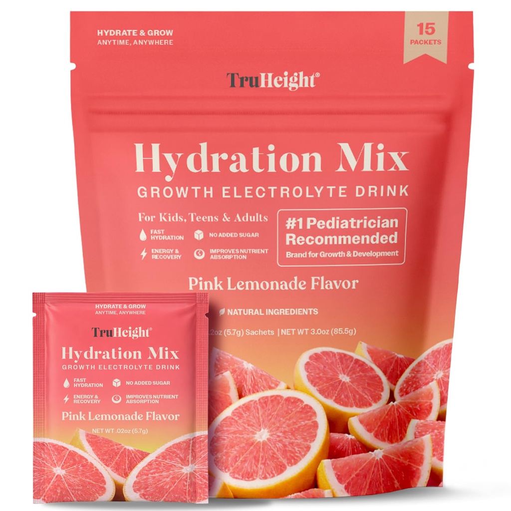 TruHeight Hydration Packets (Pink Lemonade) Kids, Teens & Adults Fast Hydration, Energy & Recovery - Dehydration Relief Electrolytes Powder Packets for Athletes - Sugar Free, Zero Calorie, Non-GMO