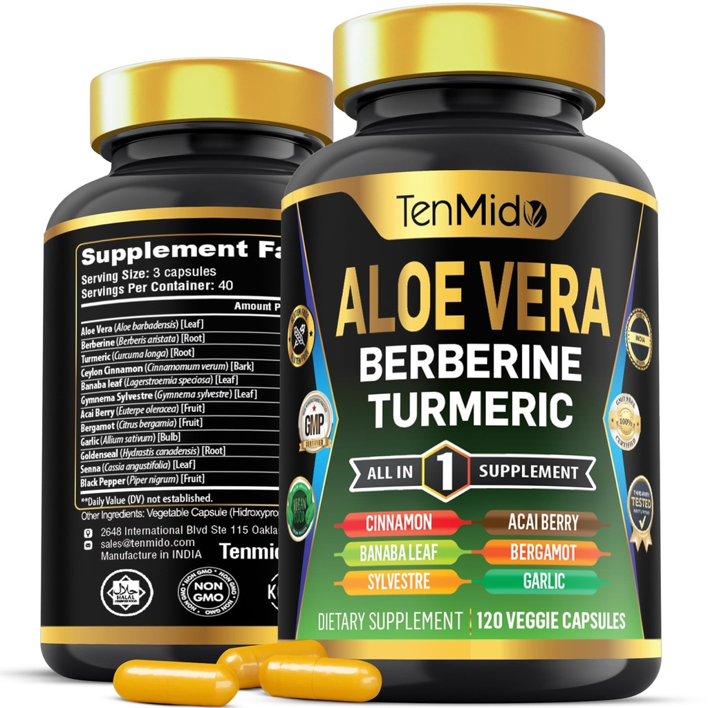 Aloe Vera Capsules Supplément - Formule 12in1 - Combiner avec Berberine, Turmeric, Ceylan Cinnamon, Banaba Leaf, Gymnema Sylvestre, Acai Berry, Bergamot, Ail, et plus - 120 Capsules