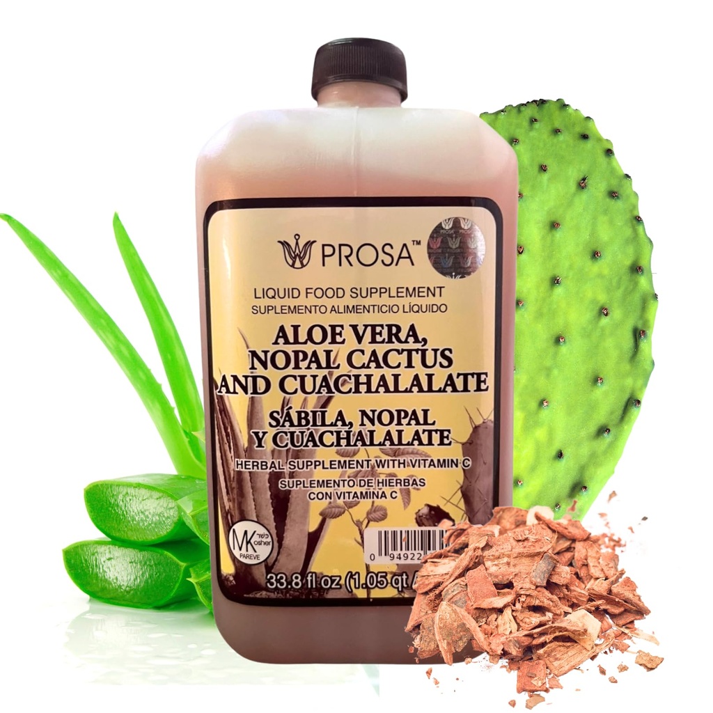 YERBERO - PROSA Aloe Vera, Nopal Cactus, and Cuachalalate Herbal Supplement – 33.8 fl oz (1.05 qt / 1L) – with Vitamin C for Digestive & Immune Support