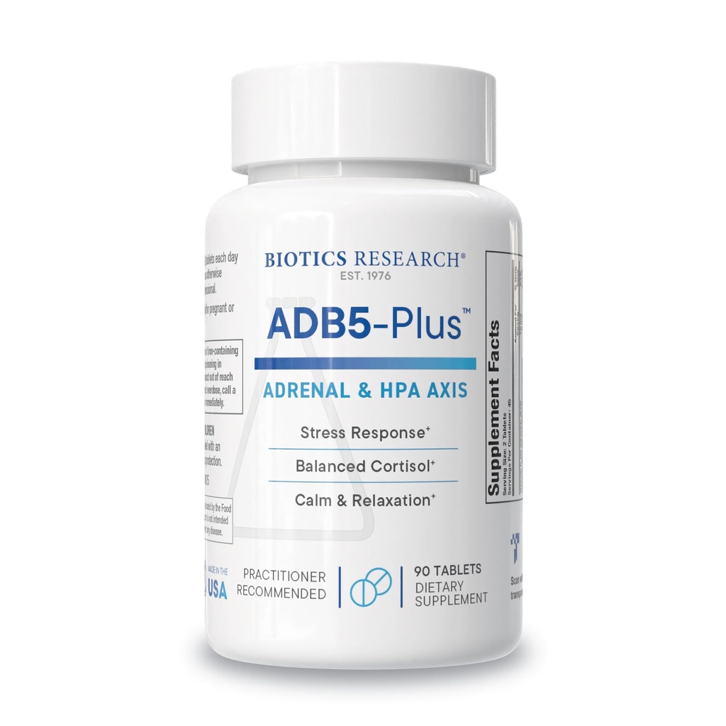 Recherche en biotechnologie ADB5-Plus soutient la fonction saine de Gland adrénal, soutient les niveaux de cortisol, réponse positive au stress, niveaux d'énergie sains 90 comprimés